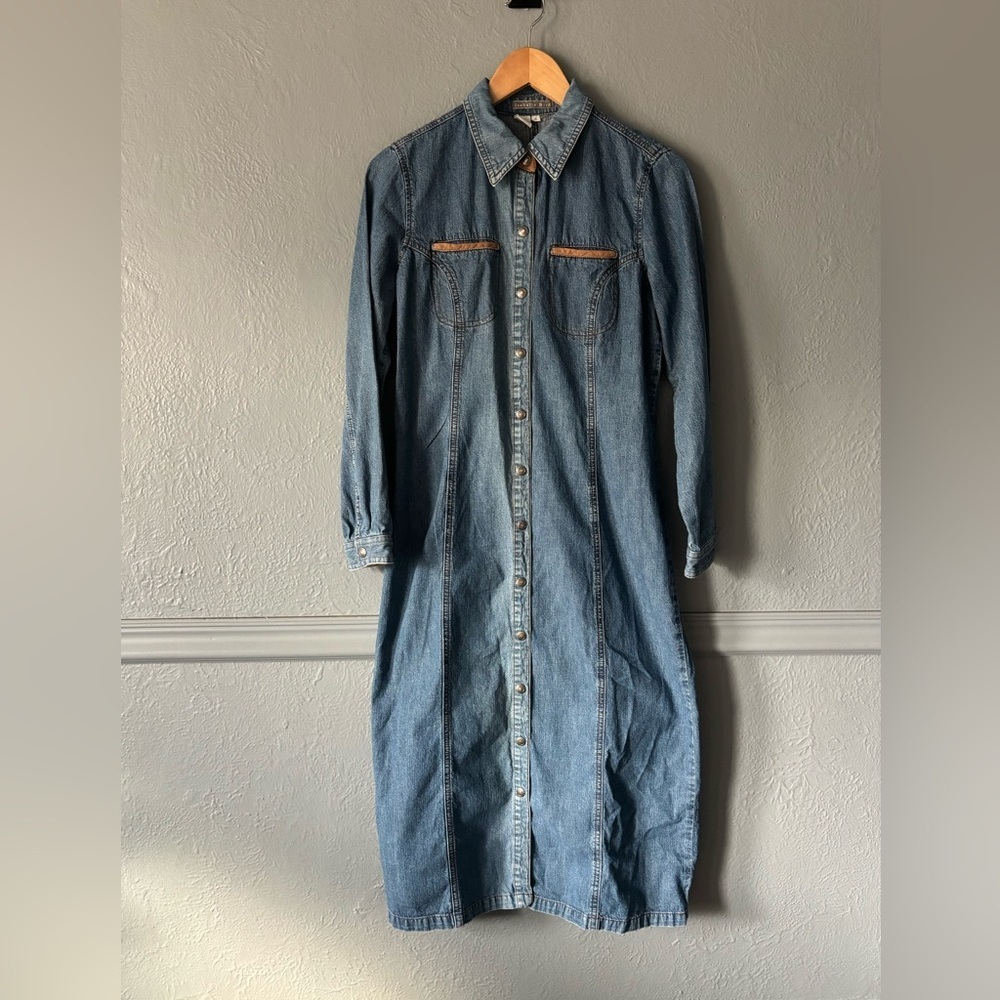 Isabella Bird Denim Maxi Dress Snap Button Suede Detail Size 6